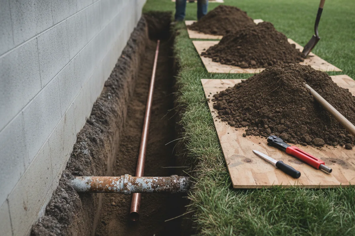 Excavated water line trench during Sewer Line Repair in Ben Wheeler